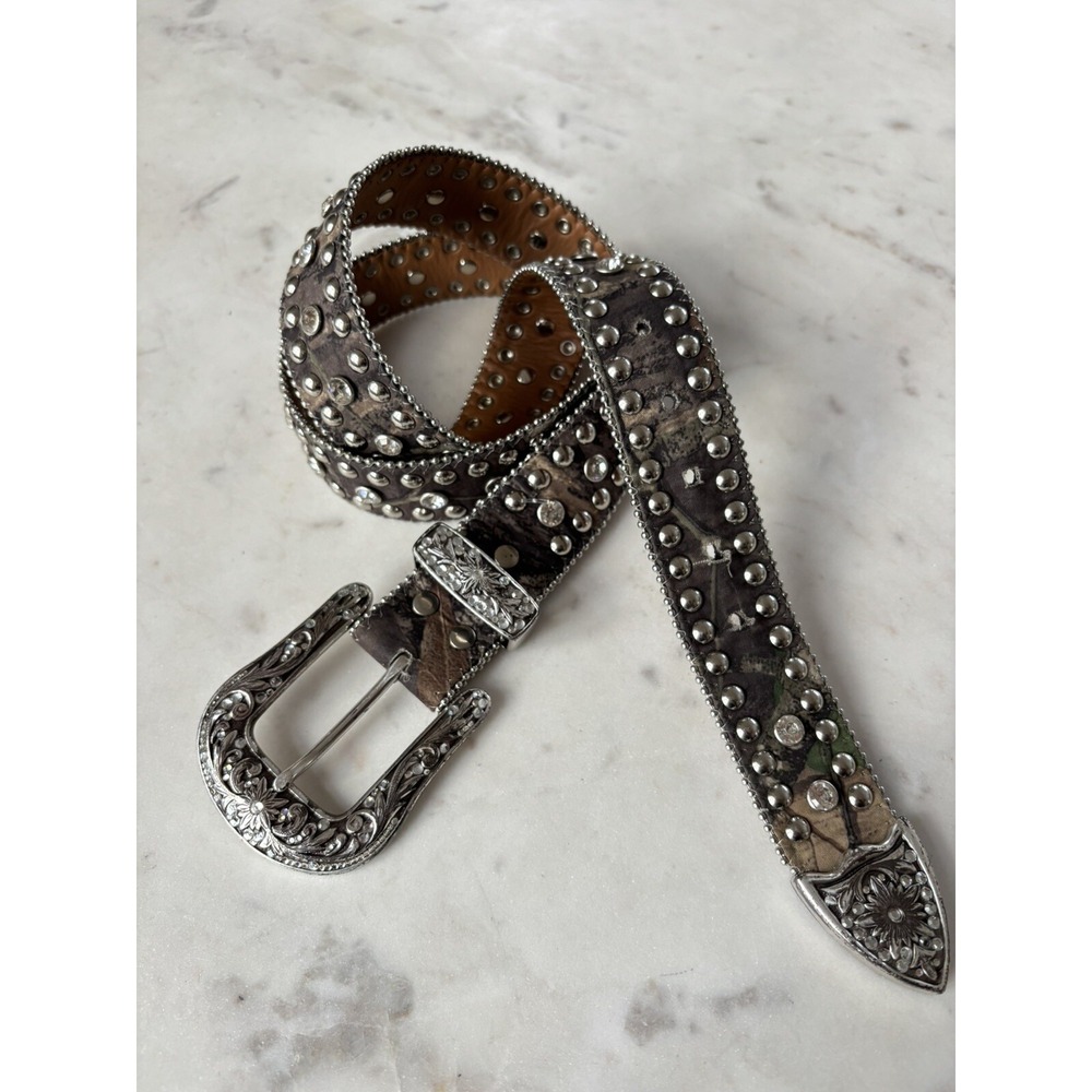 Atlas Belt Women's Leather Western Mossy Rhinestone Bling Camo Rodeo Size Large